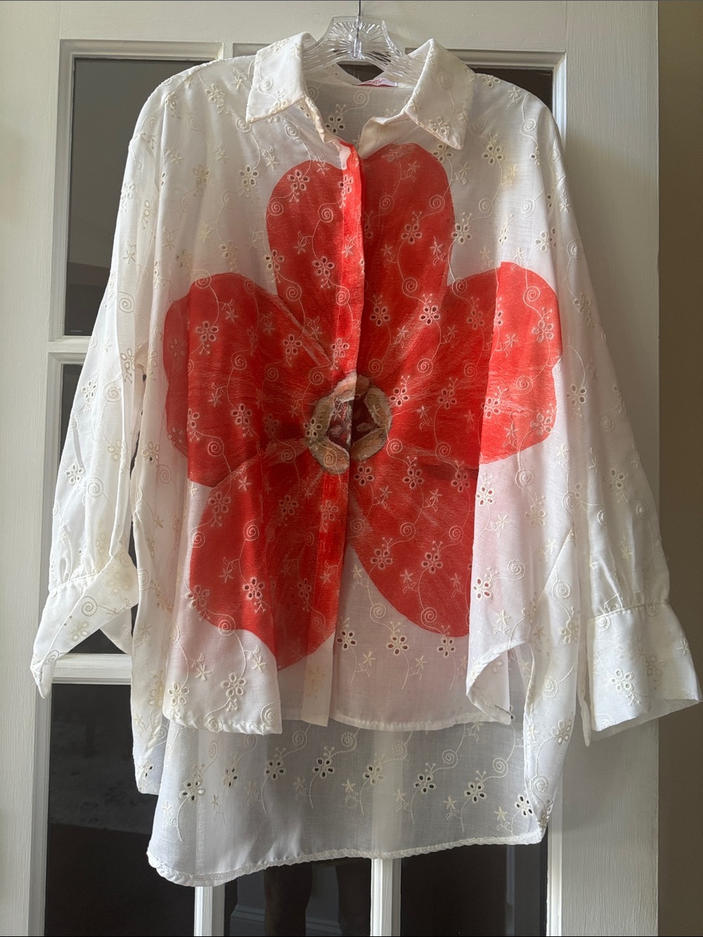 White Eyelet Blouse with Coral Floral Print